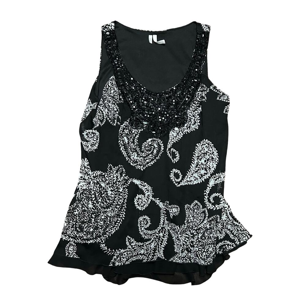 Studio Y Paisley Tank Top Womens Small Beaded Scoop Neck Black White Indie Glam